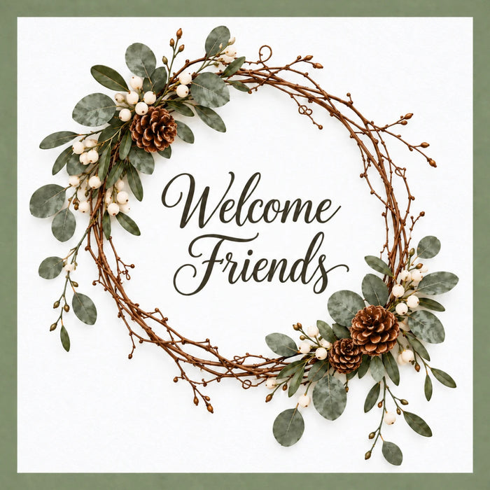 Welcome Friends winter metal sign featuring a delicate brown twig wreath with sage green eucalyptus leaves, white berries, pinecones, dark script lettering, and a soft sage green border, TTE-889.