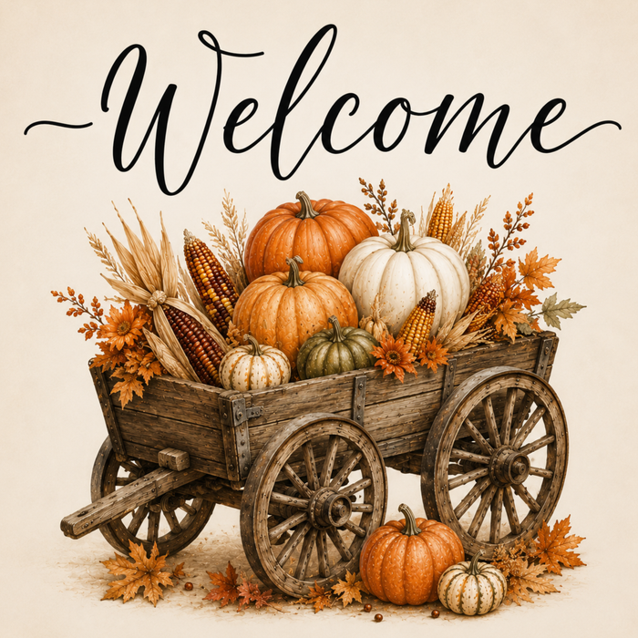 Welcome harvest wagon metal sign featuring a rustic wooden wagon filled with pumpkins, Indian corn, wheat, autumn flowers, and fall foliage on a neutral background.