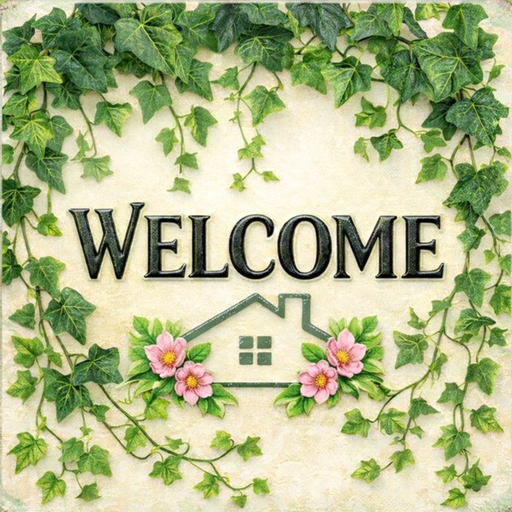 Welcome ivy metal sign for wreath making, 10x10 square metal sign with green ivy border and house accent, perfect as a mesh or grapevine wreath accent for everyday or spring decor