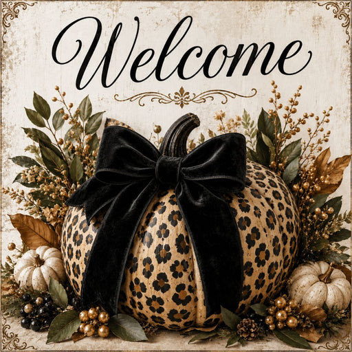 Welcome leopard animal print pumpkin metal sign featuring a black velvet bow, fall greenery, berries, and neutral pumpkins. Exclusive Trendy Tree Design. SKU TTE-552.