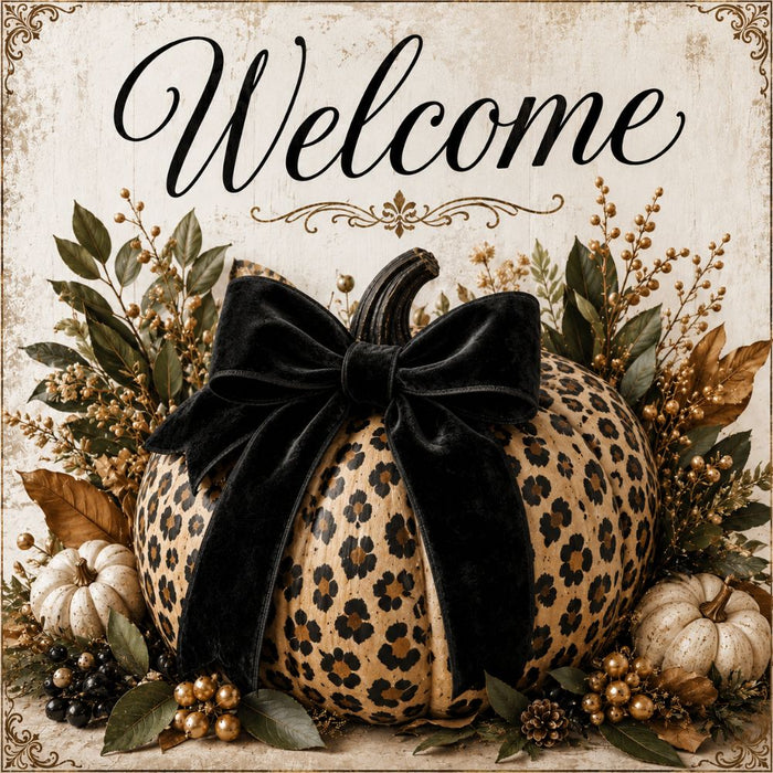 Welcome leopard animal print pumpkin metal sign featuring a black velvet bow, fall greenery, berries, and neutral pumpkins. Exclusive Trendy Tree Design. SKU TTE-552.