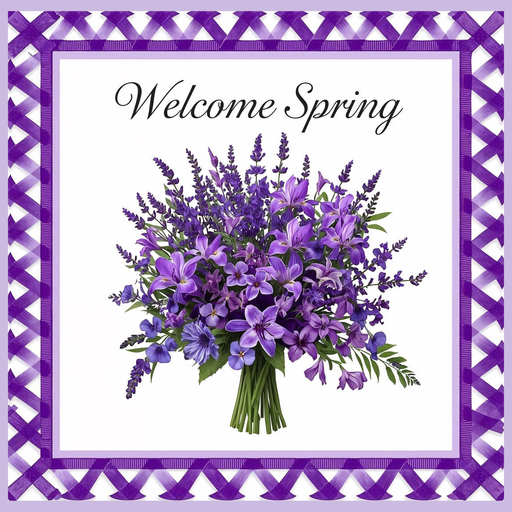 Welcome Spring purple floral metal sign for wreath making, 10x10 square metal sign with purple flower bouquet and ribbon-style border, perfect as a mesh or grapevine wreath accent for spring decor
