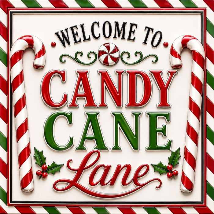Welcome to Candy Cane Lane 10 inch metal Christmas sign with red and white candy canes, peppermint candy, holly and red and green lettering, TTE-700.
