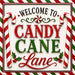 Welcome to Candy Cane Lane 10 inch metal Christmas sign with red and white candy canes, peppermint candy, holly and red and green lettering, TTE-700.