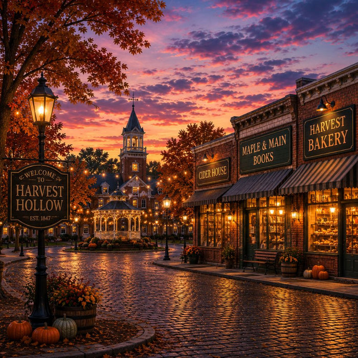 A picturesque, small-town street at sunset in autumn features brick shops adorned with glowing lights, pumpkins, fall trees, and the Welcome to Harvest Hollow Fall Town Metal Sign TTE-638. In the background, a gazebo and clock tower enhance the charming autumn town decor.