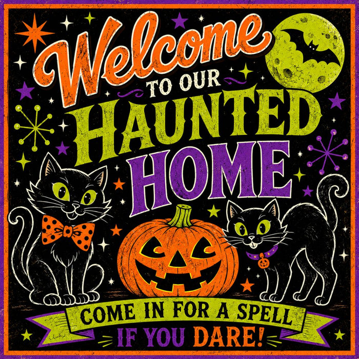 10 x 10 metal Halloween wreath sign featuring retro black cats, a smiling jack-o'-lantern, colorful atomic stars, and the phrase "Welcome to Our Haunted Home – Come In for a Spell If You Dare!" Exclusive Trendy Tree Design for deco mesh wreaths, grapevine wreaths, or framing. SKU TTE-509.