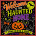 10 x 10 metal Halloween wreath sign featuring retro black cats, a smiling jack-o'-lantern, colorful atomic stars, and the phrase "Welcome to Our Haunted Home – Come In for a Spell If You Dare!" Exclusive Trendy Tree Design for deco mesh wreaths, grapevine wreaths, or framing. SKU TTE-509.