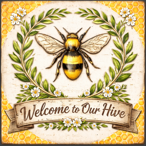 Welcome to Our Hive honey bee metal sign for wreath making, 10x10 square metal sign featuring a yellow and black bee, floral wreath design, honeycomb background, perfect as a mesh or grapevine wreath accent for spring and summer decor