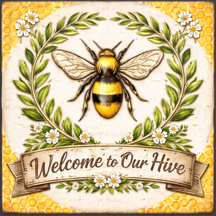 Welcome to Our Hive honey bee metal sign for wreath making, 10x10 square metal sign featuring a yellow and black bee, floral wreath design, honeycomb background, perfect as a mesh or grapevine wreath accent for spring and summer decor