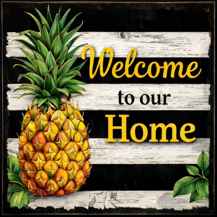 Welcome to Our Home pineapple 10 inch metal sign from Trendy Tree featuring a colorful pineapple on black and white stripes, ideal for everyday wreath making, summer wreaths, and front door wreath accents.