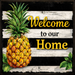 Welcome to Our Home pineapple 10 inch metal sign from Trendy Tree featuring a colorful pineapple on black and white stripes, ideal for everyday wreath making, summer wreaths, and front door wreath accents.