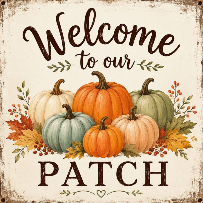 Welcome to Our Patch 10 inch metal fall sign with orange, cream and sage green pumpkins, autumn leaves and berries, TTE-642.