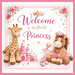10 inch Welcome to the World Princess baby metal sign featuring soft pink and ivory colors with plush giraffe and horse, designed as a wreath accent for baby wreaths, nursery decor, and princess themed decor.