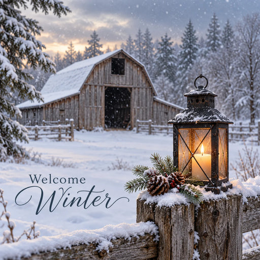 Welcome Winter metal sign featuring a snow-covered rustic barn, glowing black lantern on a wooden fence, pine greenery, pinecones, and red berries, TTE-881.