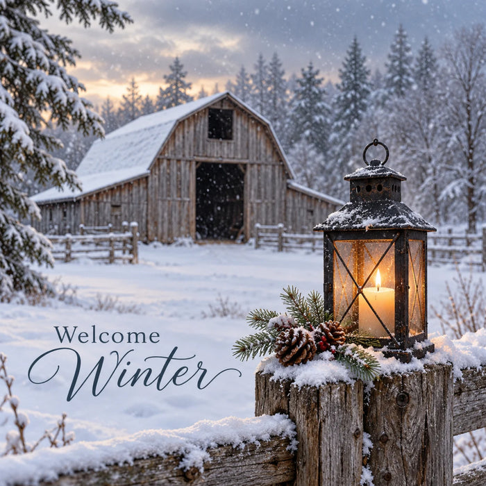 Welcome Winter metal sign featuring a snow-covered rustic barn, glowing black lantern on a wooden fence, pine greenery, pinecones, and red berries, TTE-881.