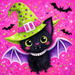Whimsical bat witch metal sign with hot pink background, lime green wings, and purple hat for Halloween wreath accent, 10 inch square TTE-432