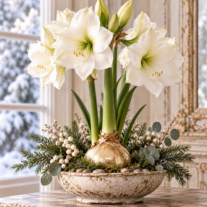 White amaryllis winter metal sign featuring creamy white amaryllis flowers with green stems and buds arranged in a rustic cream bowl with evergreen branches, eucalyptus, and white berries beside a snowy window. TTE-849.