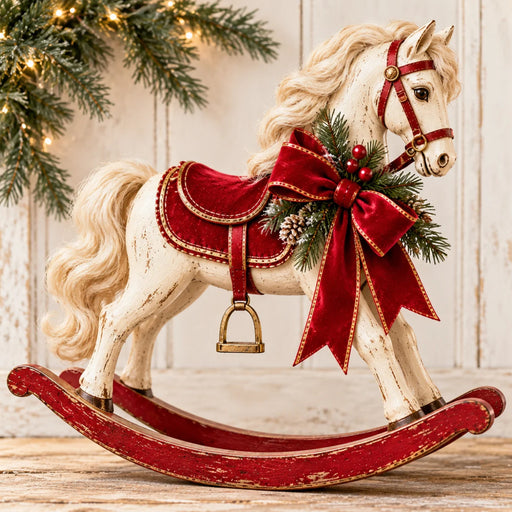 Vintage-style white Christmas rocking horse with a red saddle, weathered red wooden rockers, and oversized red velvet bow accented with pine greenery, berries, and pinecones. Rustic whitewashed wood background with soft Christmas lights. Flat metal sign TTE-872.