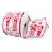 White wired Christmas ribbon with pink and red nutcrackers, peppermint candies and snowflakes, 2.5 inches wide by 10 yards.