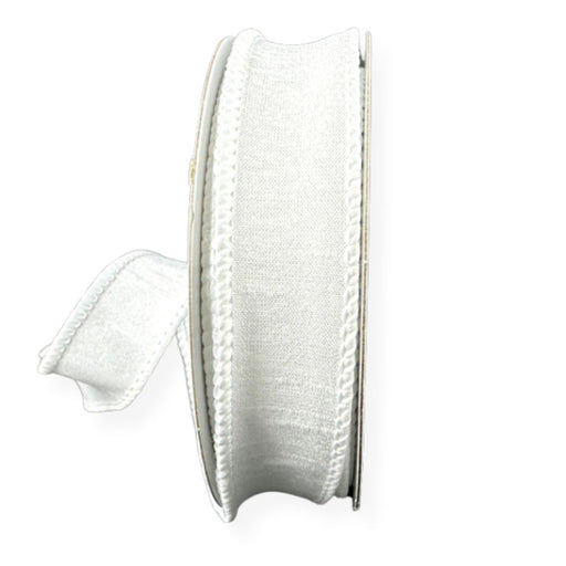 A spool of 7/8" White Faux Dupioni Wired Ribbon (10 Yards, 72434-05-01), shown from the side, with a small portion of the ribbon unrolled and curving outward.