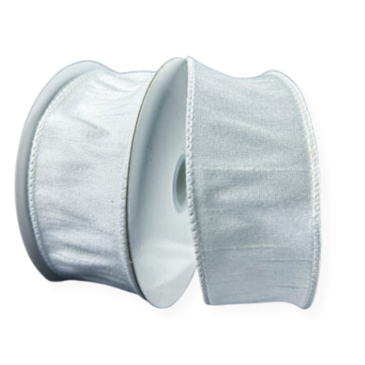 1.5-inch white faux dupioni wired ribbon on a 10-yard roll for wreaths, bows, swags, garlands, floral arrangements, and gift wrapping.