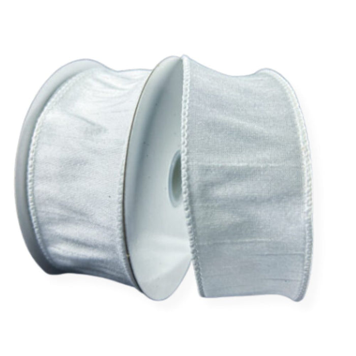 1.5-inch white faux dupioni wired ribbon on a 10-yard roll for wreaths, bows, swags, garlands, floral arrangements, and gift wrapping.