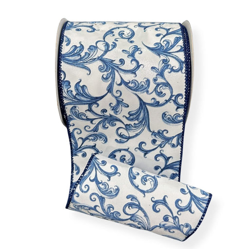 Wide white satin wired ribbon with elegant blue chinoiserie swirl pattern and blue edge, 4 inches by 10 yards.