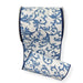 Wide white satin wired ribbon with elegant blue chinoiserie swirl pattern and blue edge, 4 inches by 10 yards.