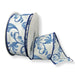 White satin wired ribbon with blue chinoiserie swirl pattern and blue edge, 1.5 inches by 10 yards.