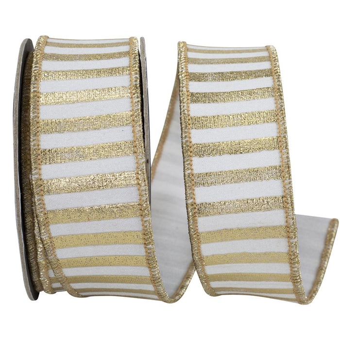 White wired ribbon with metallic gold stripes and gold wired edges, 1.5 inches wide by 5 yards, SKU 94586W-980-09D.