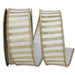 White wired ribbon with metallic gold stripes and gold wired edges, 1.5 inches wide by 5 yards, SKU 94586W-980-09D.