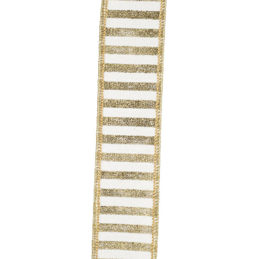 White wired ribbon with metallic gold stripes and gold wired edges, 1.5 inches wide by 5 yards, SKU 94586W-980-09D.