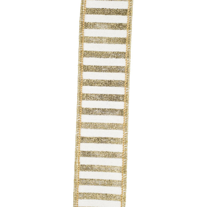 White wired ribbon with metallic gold stripes and gold wired edges, 1.5 inches wide by 5 yards, SKU 94586W-980-09D.