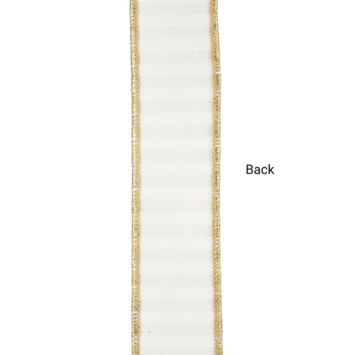 White wired ribbon with metallic gold stripes and gold wired edges, 1.5 inches wide by 5 yards, SKU 94586W-980-09D.