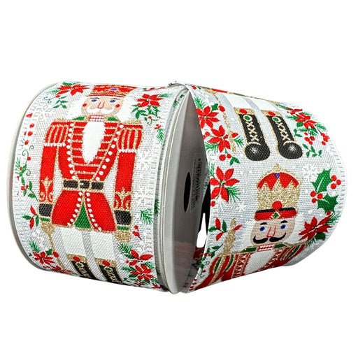 White linen wired Christmas ribbon with traditional red and gold nutcrackers, poinsettias, holly and festive greenery.