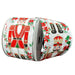 White linen wired Christmas ribbon with traditional red and gold nutcrackers, poinsettias, holly and festive greenery.