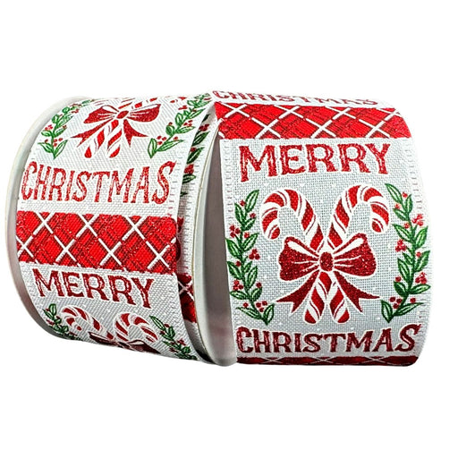 White linen wired Christmas ribbon with Merry Christmas lettering, red candy canes, bows, greenery and glitter accents.