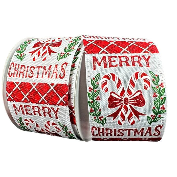 White linen wired Christmas ribbon with Merry Christmas lettering, red candy canes, bows, greenery and glitter accents.