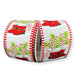 White linen Christmas ribbon with red Santa boots filled with candy canes, greenery, Ho Ho Ho tags and red striped wired edges.