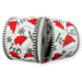 White Christmas ribbon with red Santa hats, Ho Ho Ho lettering, black snowflakes and black and white striped wired edges.