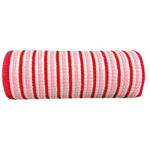 10 inch snow fuzz stripe wreath mesh in white, pink, and red, 10-yard roll for wreath making, swags, garlands, Christmas, Valentine's Day, and candy-themed decorating. 