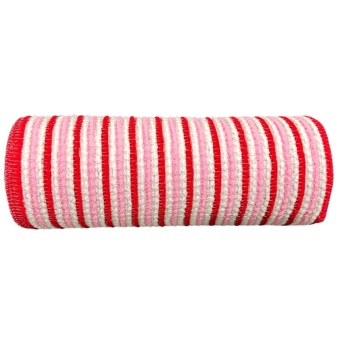 10 inch snow fuzz stripe wreath mesh in white, pink, and red, 10-yard roll for wreath making, swags, garlands, Christmas, Valentine's Day, and candy-themed decorating. 