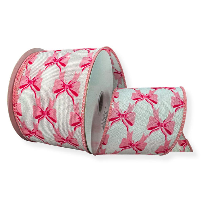 White ponche satin wired ribbon with soft pink and bright pink bow pattern and pink edge, 2.5 inches by 10 yards.