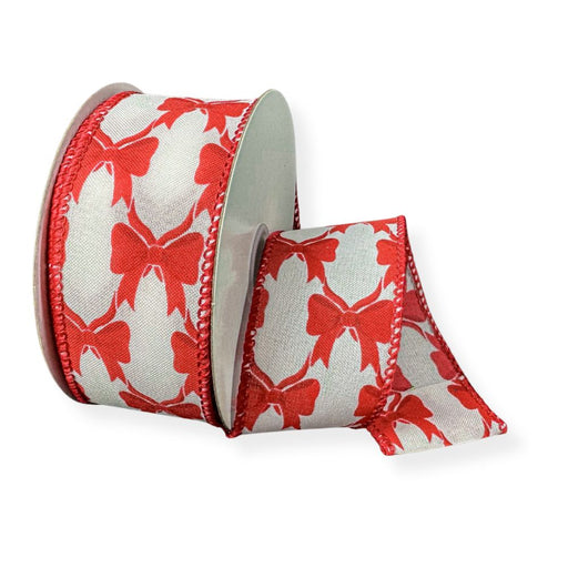 1.5-inch white satin wired ribbon with red Christmas bow pattern on a 10-yard roll for wreaths, bows, Christmas trees, and holiday decorating.