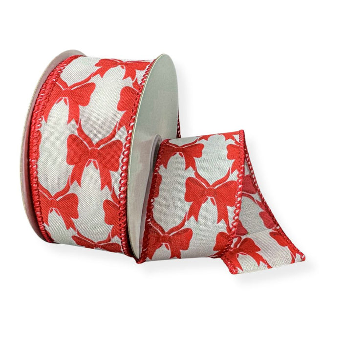 1.5-inch white satin wired ribbon with red Christmas bow pattern on a 10-yard roll for wreaths, bows, Christmas trees, and holiday decorating.