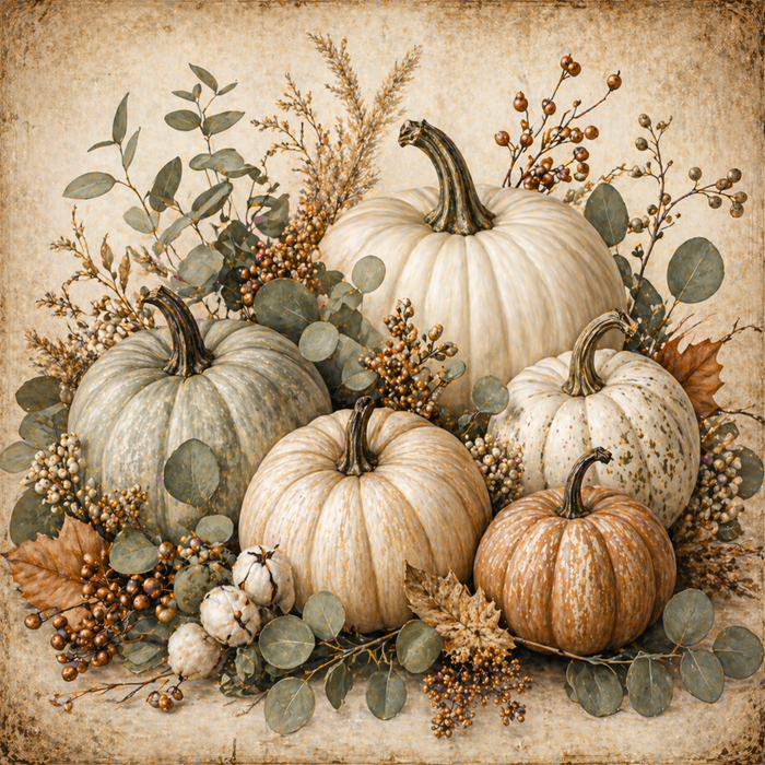 TTE-457 metal sign featuring white and cream pumpkins surrounded by eucalyptus, berries, cotton, and neutral fall foliage on a vintage-inspired background.