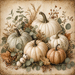 TTE-457 metal sign featuring white and cream pumpkins surrounded by eucalyptus, berries, cotton, and neutral fall foliage on a vintage-inspired background.