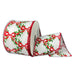 White satin Christmas wired ribbon with green garland and red bow design, 2.5 inches wide by 10 yards.
