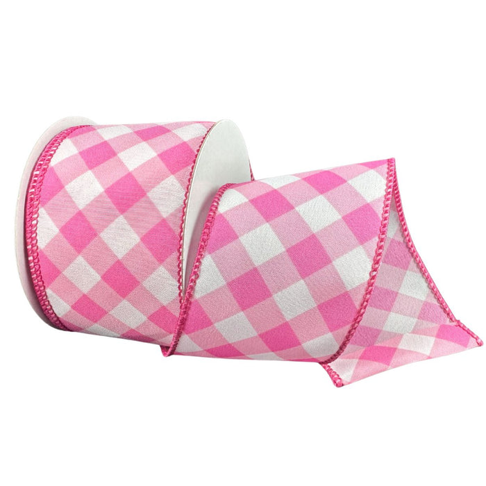 2.5 inch wired fuchsia pink and white diagonal check satin ribbon for wreath making and bows SKU 42624-40-03