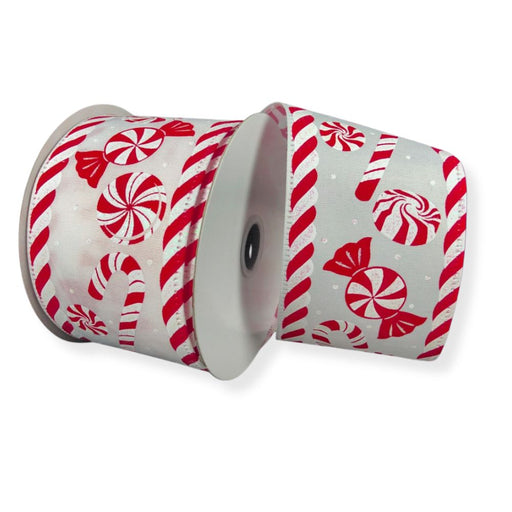 2.5" x 10 yard white satin ribbon with peppermints and candycane striped edge, wired ribbon.